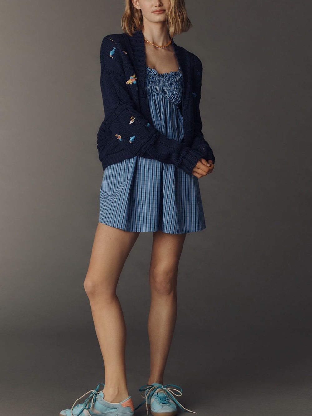 Maeve Anthropologie Embroidered Icons Cardigan Sweater- Navy Fish - Picture 4 of 9